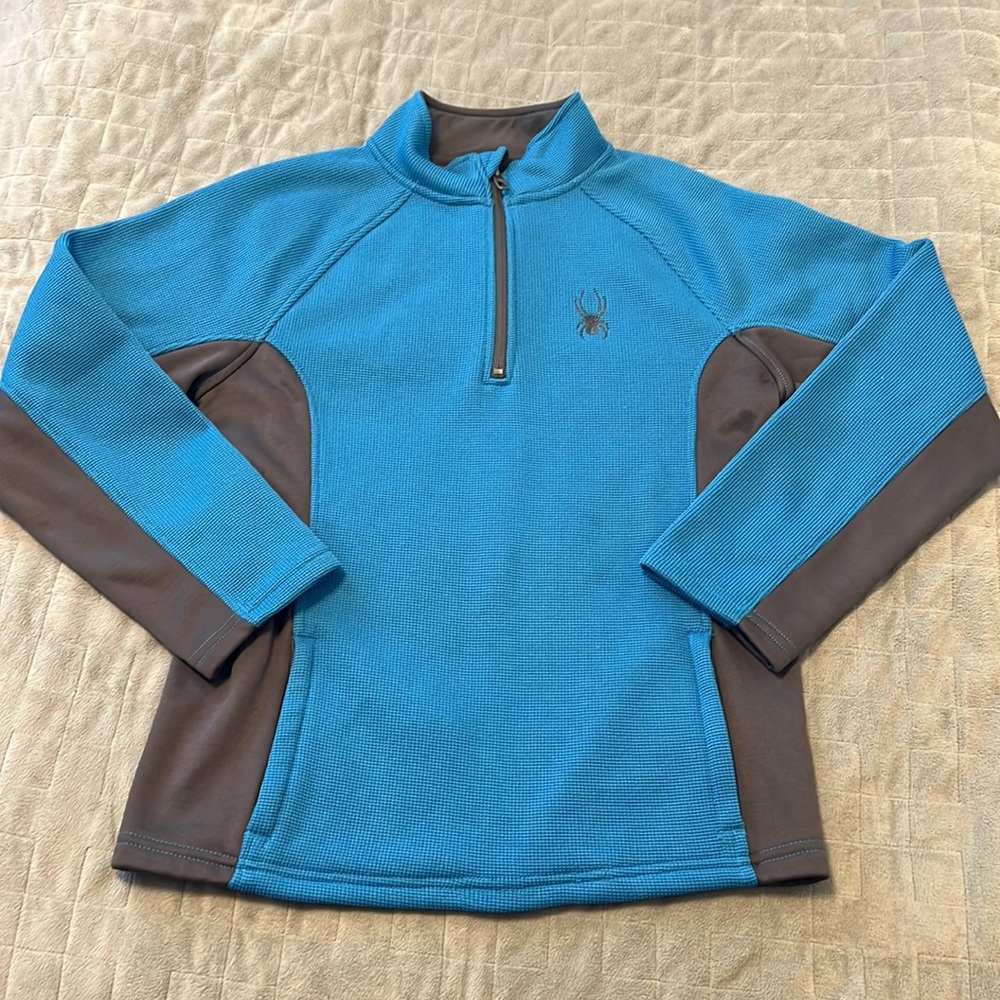 Spyder Pullover Sweatshirt, 1/4 Zip, Blue, Gray, Zippered Pockets, Youth Size L